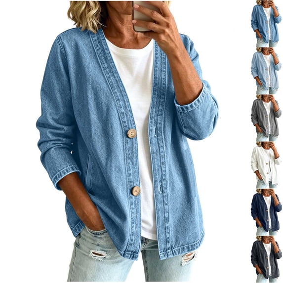 Women's V Neck Button Long Sleeve Washed Denim Cardigan Jacket with Side Pockets,Sky Blue,Women's Plus Size M