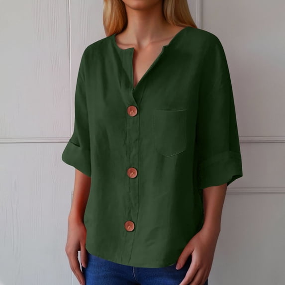 Women's V Neck Button Down Shirt Casual Blouse For Daily Wear And Vacation Comfortable Tops With Classic Design For Spring Summer Fall Seasons Thick V Neck T Shirts Women Loose Fit And Blouse 3 4