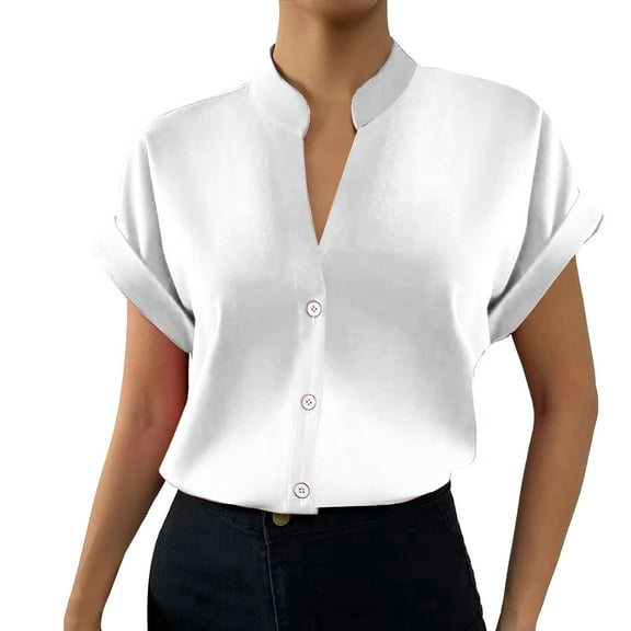 Women's V Neck Button Shirt - Solid Color, Short Sleeve, Casual Fashion, S-XXXL Sizes