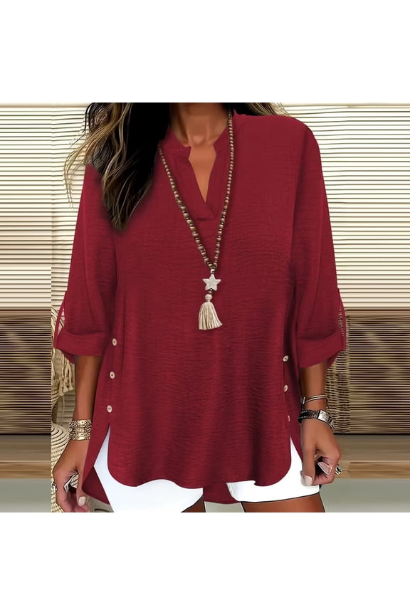 Women's V-Neck Button Shirts 3/4 Long Sleeve Solid Blouses Pullover Fashion Side Slit Hem Shirt Top Spring Summer Clothing