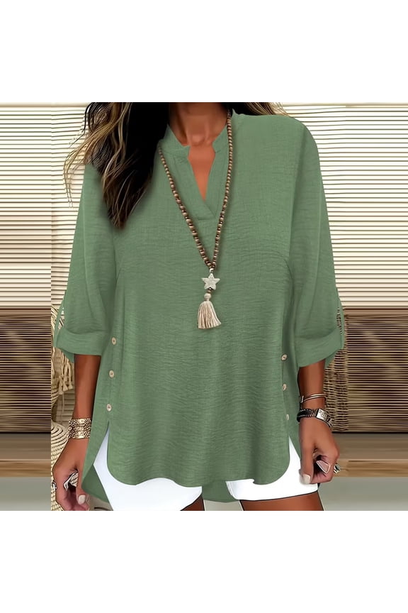 Women's V-Neck Button Shirts 3/4 Long Sleeve Solid Blouses Pullover Fashion Side Slit Hem Shirt Top Spring Summer Clothing