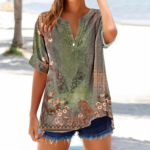 Women's V-Neck Button Short Sleeve Casual Printed T-Shirt Comfortable Breathable Loose Fit Summer Top with Stylish Design for Daily Wear, Limited Time Offer