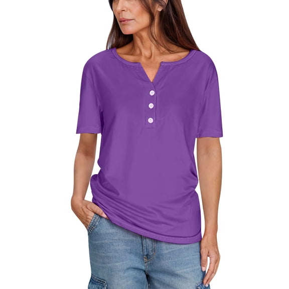 Women's V Neck Button Short Sleeve Dressy Casual Blouses Fashion Loose Tunic Tops Shirts for Women Purple S