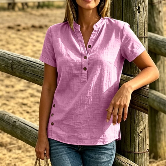 Women's V-Neck Button-Up Short Sleeve Blouse with Side Slit Detail
