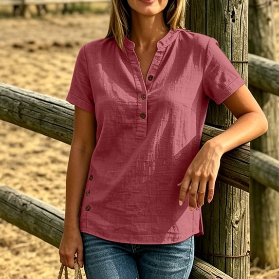 Women's V-Neck Button-Up Short Sleeve Blouse with Side Slit Detail