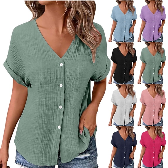Women's V-Neck Button Up Short Sleeve Shirt Top Pullover Jacket Pocket Casual Loose Fit Solid Color Fashion Summer | CSEONE,Purple XL