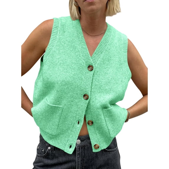 Women's V Neck Button Up Sleeveless Vest Sweater Knitted Casual Cardigan with Pockets