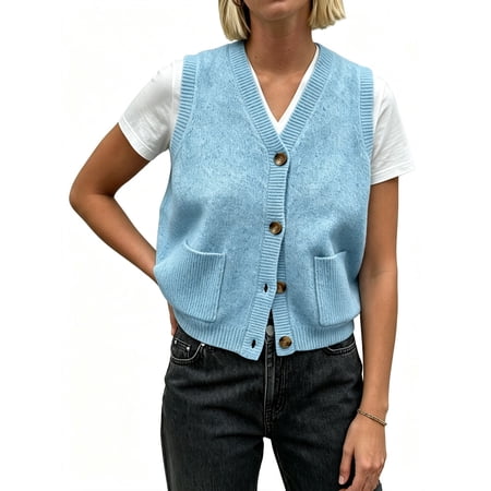 Women's V Neck Button Up Sleeveless Vest Sweater Knitted Casual Cardigan with Pockets