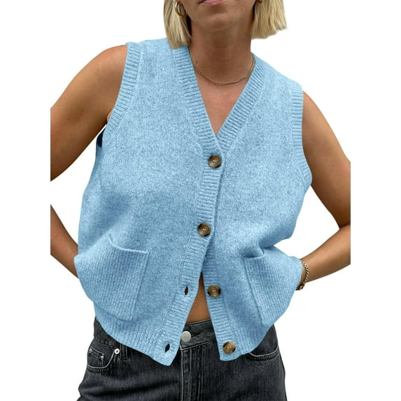 Women's V Neck Button Up Sleeveless Vest Sweater Knitted Casual Cardigan with Pockets