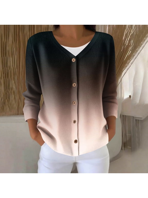 Women's V Neck Button down Long Sleeve Cardigan Lightweight Casual Loose Soft Gradient Knit Sweater Coat New Beige L