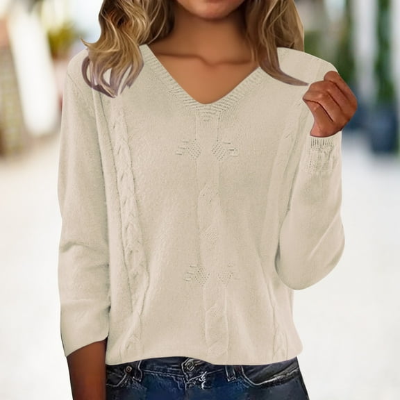 Women's V-Neck Cable Knit Sweater, Long Sleeve Loose Fit Pullover Top with Textured Pattern, Soft Comfortable Blouse for Layering and Outer Wear, Slimming Casual Everyday Wear for All Seasons Beige L