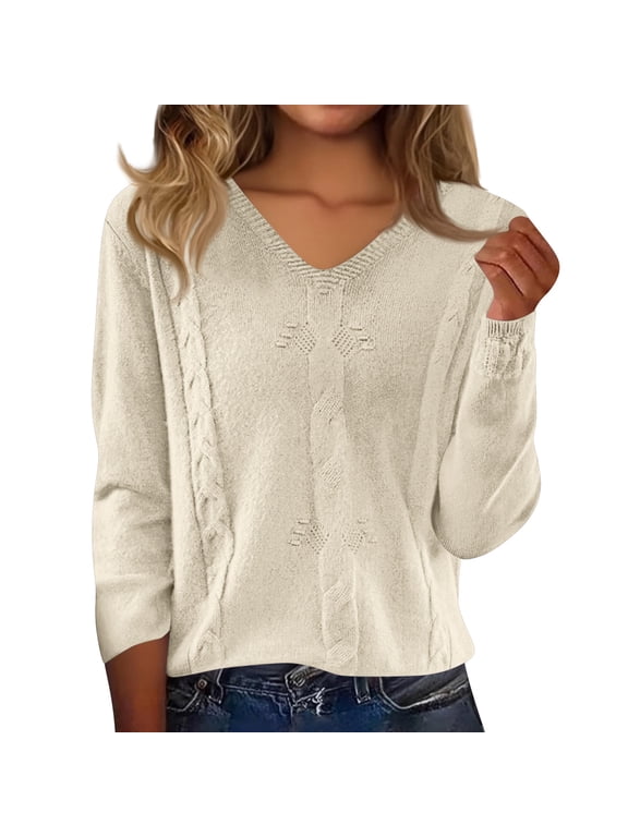 Women's V-Neck Cable Knit Sweater, Long Sleeve Textured Pullover Top for Casual Fall and Winter Wear