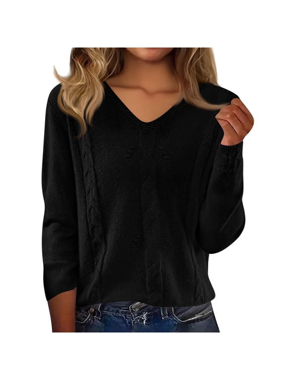 Women's V-Neck Cable Knit Sweater, Long Sleeve Textured Pullover Top for Casual Fall and Winter Wear