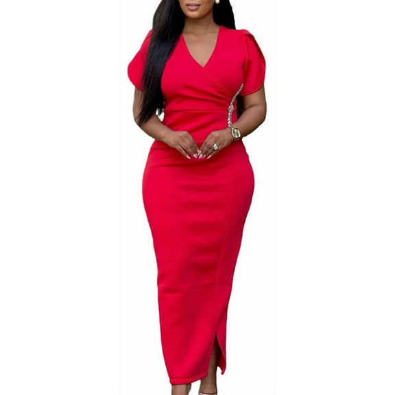 Women's V Neck Cap Sleeve Casual Work Bodycon Cocktail Party Pencil Midi Dress