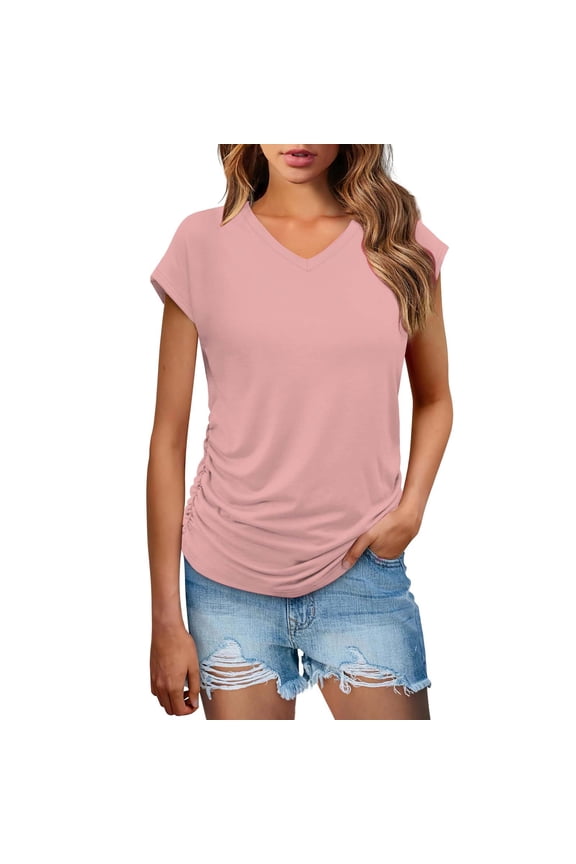 Women's V Neck Cap Sleeve Top Side Ruched Detail Stretchy Soft Tshirt Feminine Slim Fit Casual Summer Blouse