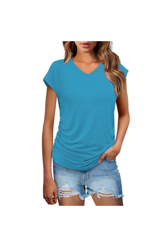 Women's V Neck Cap Sleeve Top Side Ruched Detail Stretchy Soft Tshirt Feminine Slim Fit Casual Summer Blouse