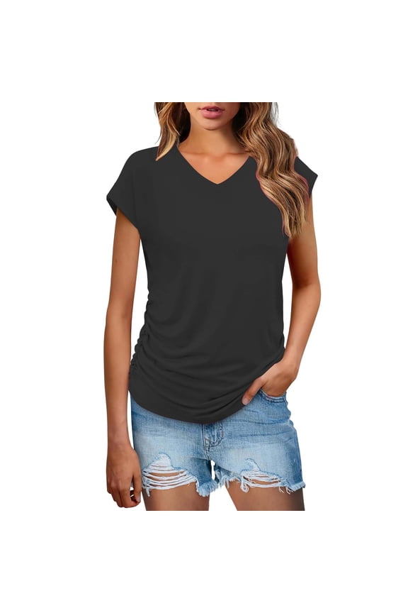 Women's V Neck Cap Sleeve Top Side Ruched Detail Stretchy Soft Tshirt Feminine Slim Fit Casual Summer Blouse