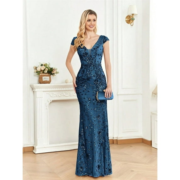 Women's V-Neck Cap Sleeves Sequin Mermaid Floor-Length Evening Dresses Wedding Guest Dress Bridesmaid Dress