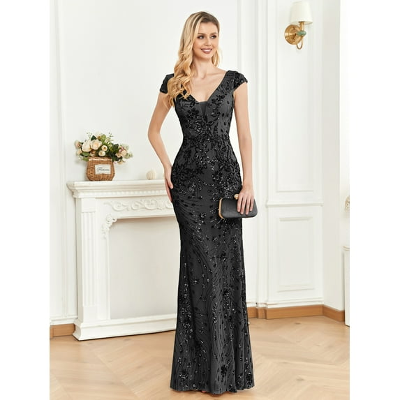 Women's V-Neck Cap Sleeves Sequin Mermaid Floor-Length Evening Dresses Wedding Guest Dress Bridesmaid Dress