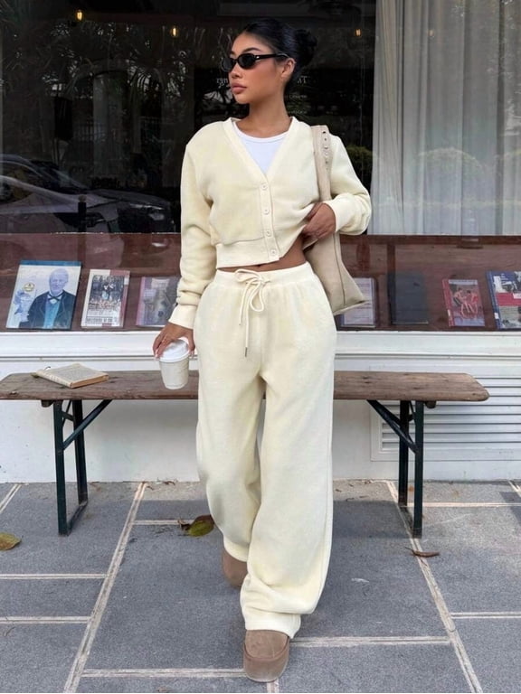Women's V-Neck Cardigan And Pants Set, Drawstring Waist Two Piece Matching Set, Loose Fit Relaxed Loungewear, Cozy Everyday Wear for Women