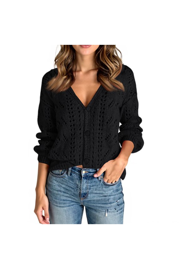 Women's V-Neck Cardigan Long Sleeve Button Down Open Front Classic Wrap (Black, M)