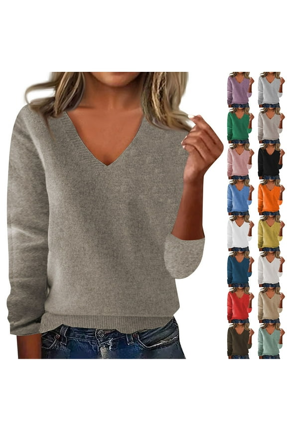 Women's V Neck Sweaters Trendy Fall Casual Long Sleeve Soft Merino Wool Pullover Knit Tops Beige M
