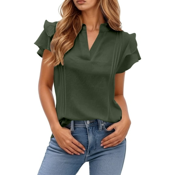 Women's V Neck Casual Double Layer Ruffled Sleeve Solid Top Fall Fashion,Color:GN1,Size:S