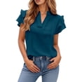 thumbnail image 1 of Women's V Neck Casual Double Layer Ruffled Sleeve Solid Top Womens Tee Shirts Loose Fit Athletic Short Sleeve Shirt Women Running Tops Womens Tee Shirts Short Sleeve Tennis Shirt Women Summer, 1 of 8
