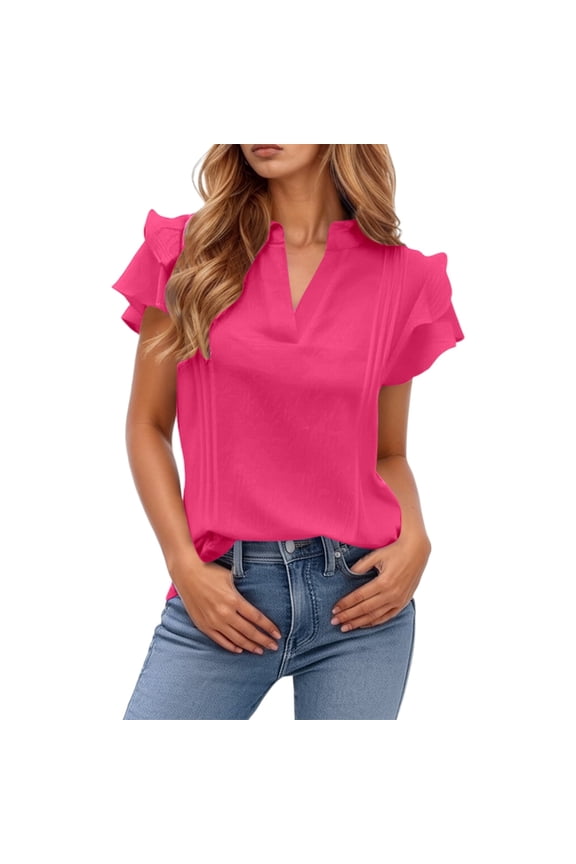 Women's V Neck Casual Double Layer Ruffled Sleeve Solid Top
