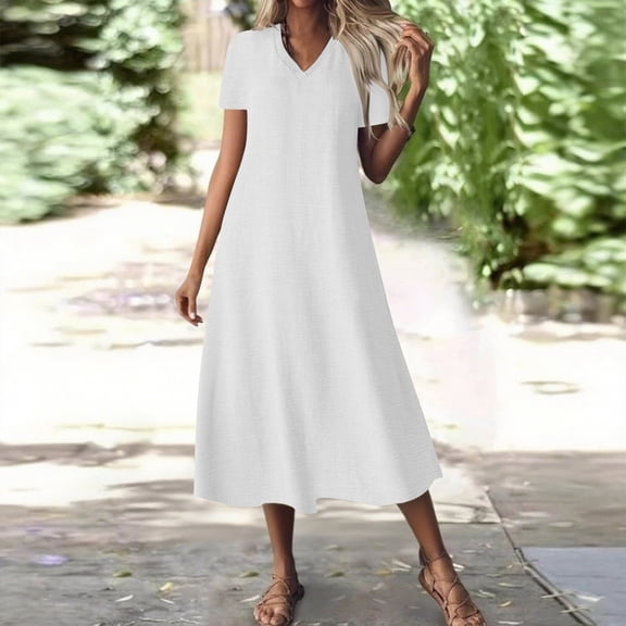 Women's V Neck Casual Dress Short Sleeve Solid Color Everyday Comfort Dresses White XXL