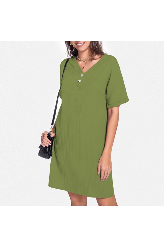 Women's V Neck Casual Dress Soft Comfortable Pullover Button Down Stylish Everyday Wear Flowy Lightweight Breathable Fabric