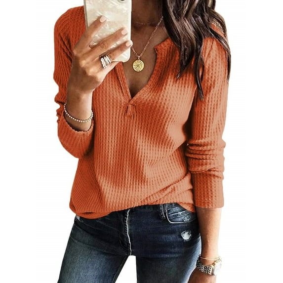 Women's V Neck Casual Long Sleeve Pullover Sweater Blouses Waffle Knit Henley Tops