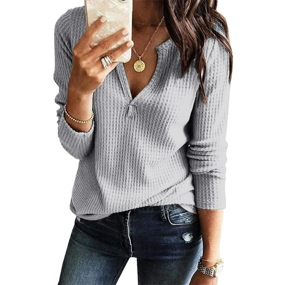 Women's V Neck Casual Long Sleeve Pullover Sweater Blouses Waffle Knit Henley Tops