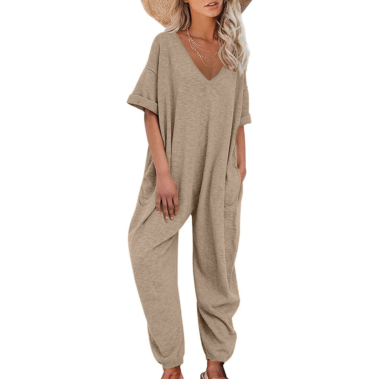 Casual V-Neck Short Sleeve Drawstring Waist Jumpsuit main image 0