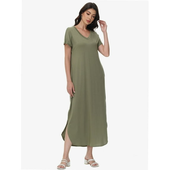 Women's V-Neck Casual Loose Short Sleeve Long T-Shirt Dress Split Maxi Dress with Side Pocket