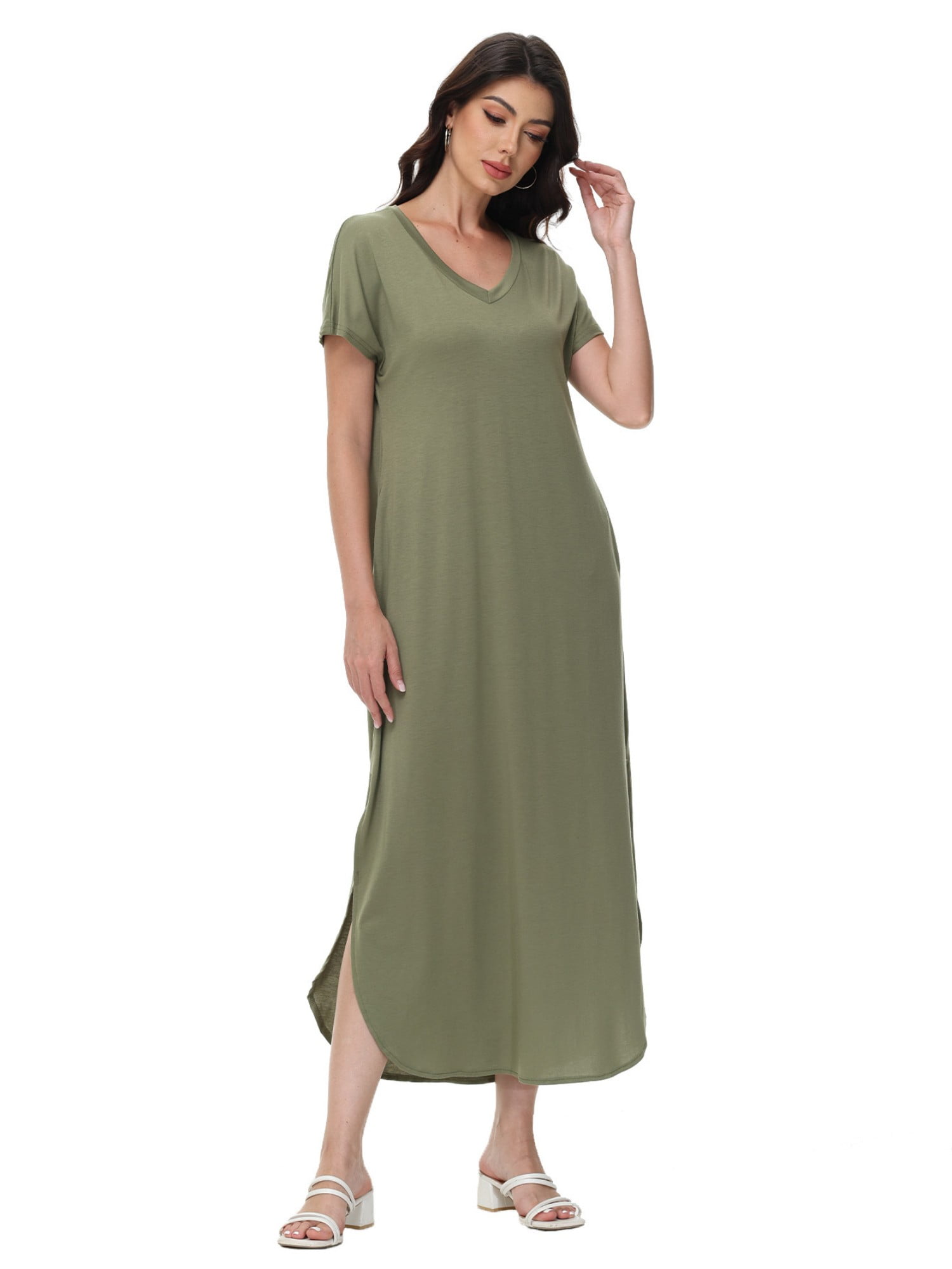 Long V Neck Dresses Women's V-Neck Short Sleeve Maxi Dress - Loose Fit  Beach Dress With Pocket, Split Hem, Casual Summer Dress For Travel & Holiday