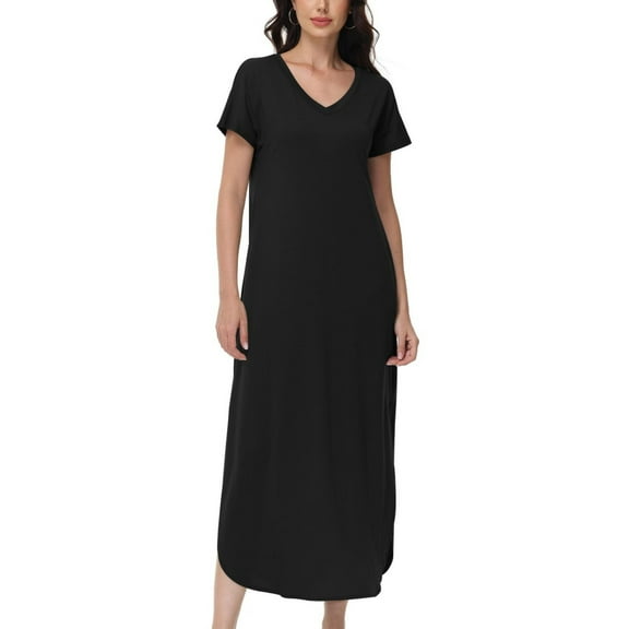 Women's V-Neck Casual Loose Short Sleeve Long T-Shirt Dress Split Maxi Dress with Side Pocket