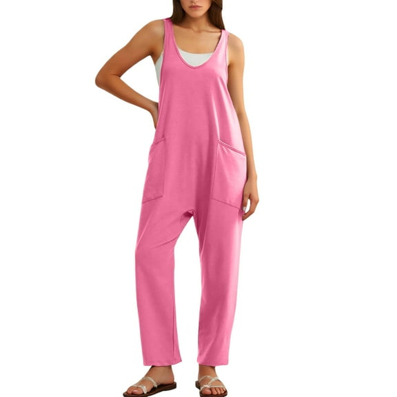 Women's V Neck Casual Loose Tank Sleeveless Jumpsuit Wide Leg Long Pants Romper with Pockets Stylish Comfortable Overalls