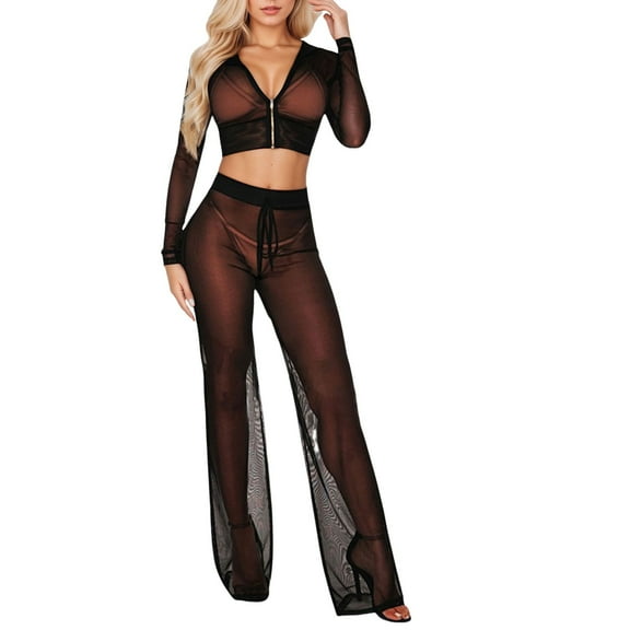 Women's V Neck Casual Pants - Sheer Detail, Waist Chain, Polyester Fabric, Spring/Autumn, Machine Wash, Daily & Activity Wear