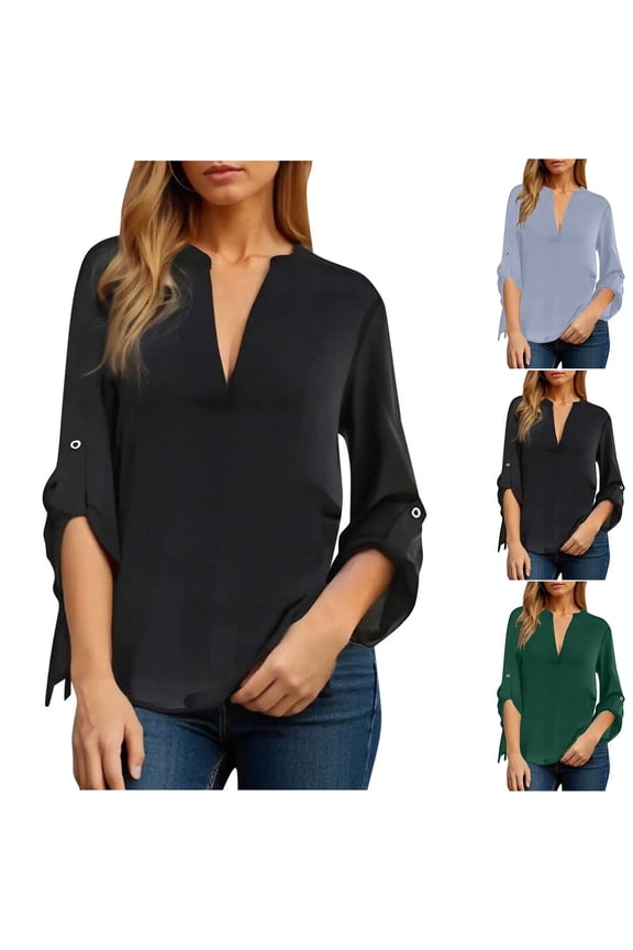 Women's V Neck Casual Shirt Blouse Top with Cuffs Loose Fit Solid Color Long Sleeve Button Down Tunic for Work Office | CSEONE,Black XL