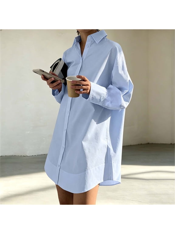 Women's V Neck Casual Shirt Dress | Collar Button Down Loose Long Sleeve Mini Dresses(Blue,XXL)