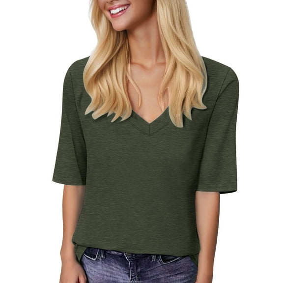 Women's V Neck Casual T Shirts Summer Basic Tees Loose Fit Half Sleeve Tops Comfortable Everyday Wear with Jeans