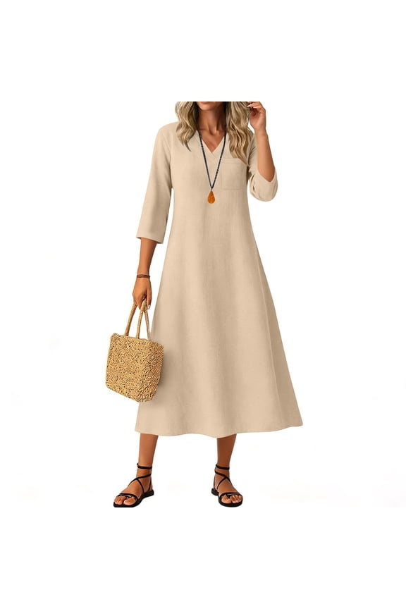 Women's V-Neck Casual Three-Quarter Sleeve Zipper Pocket Dress for Summer and Spring