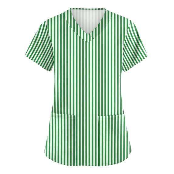 Women's V-Neck Checkered Stripe Plaid Print Nurse Tops Short Sleeve Scrub Shirts with Pockets Green L
