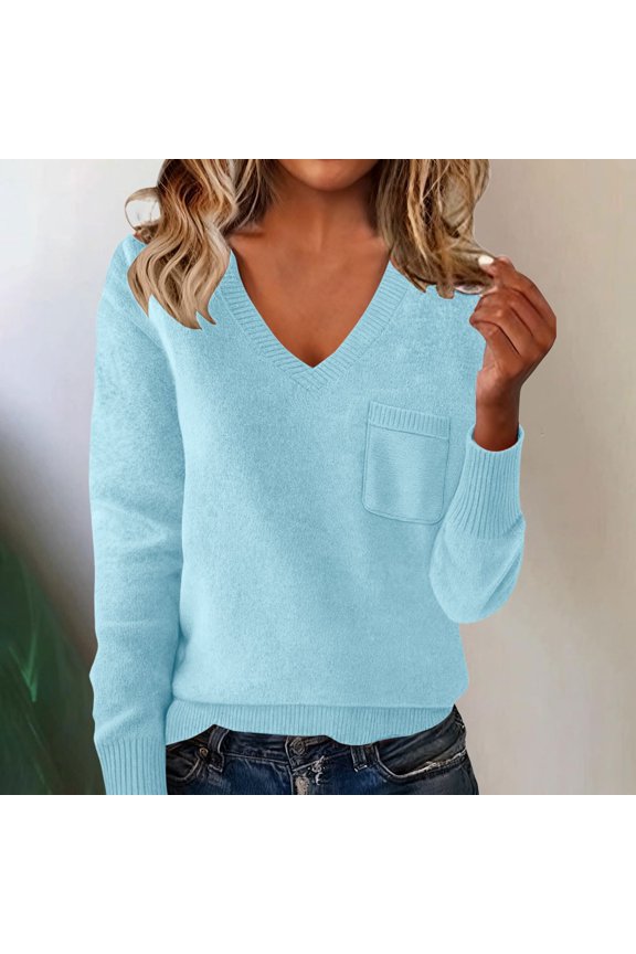 Women's V Neck Chest Pocket Sweater, Drop Shoulder Long Sleeve Pullover, Solid Color Knit Top, Casual Loose Fit Blouse, Everyday Comfort Wear with Front Pocket Blue L