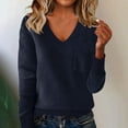 thumbnail image 1 of Women's V Neck Chest Pocket Sweater, Drop Shoulder Long Sleeve Pullover, Solid Color Knit Top, Casual Loose Fit Blouse, Everyday Comfort Wear with Front Pocket Navy XL, 1 of 6