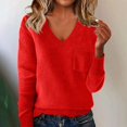 thumbnail image 1 of Women's V Neck Chest Pocket Sweater, Drop Shoulder Long Sleeve Pullover, Solid Color Knit Top, Casual Loose Fit Blouse, Everyday Comfort Wear with Front Pocket Red XXL, 1 of 6