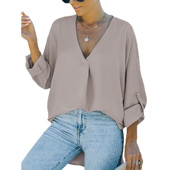 Women's V Neck Chiffon Blouse 3/4 Sleeve Button Sleeve Tops Basics T-Shirts