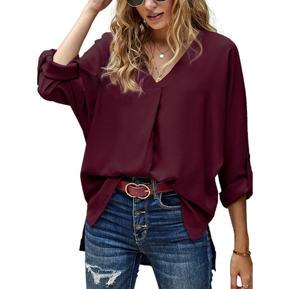 Women's V Neck Chiffon Blouse 3/4 Sleeve Button Sleeve Tops Basics T-Shirts