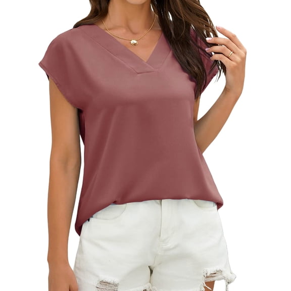 Women V Neck Chiffon Blouses Cap Sleeve Shirts Casual Loose Work Office Solid Tops